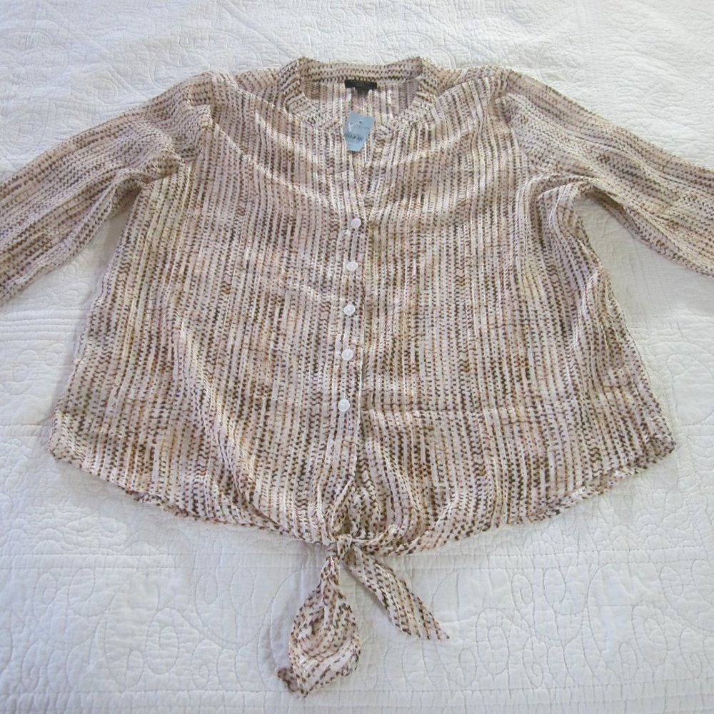 Ann Taylor Factory Top MP Semi Sheer Tie Front Brown Print
